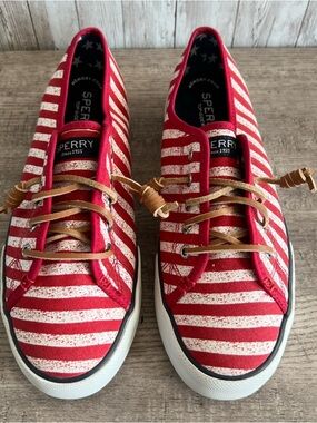 Sperry Red White Striped Canvas Patriotic Americana Preppy Coastal Boat Shoes  8